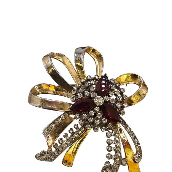 Antique 40s Gold Plated Cast Rhinestone Bow Brooch (A8900) - Picture 2 of 7